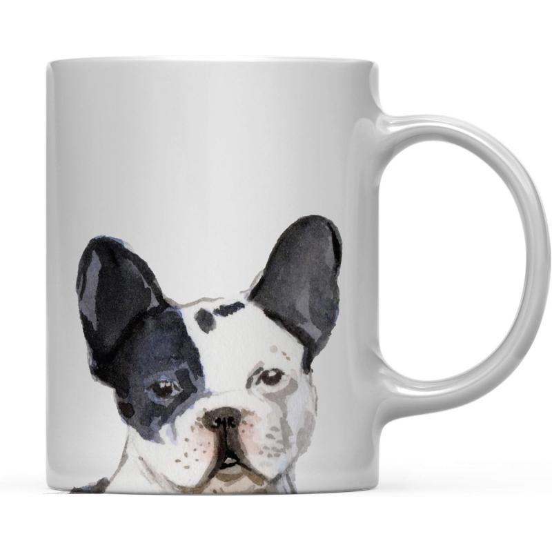 Tailorly White Ceramic 11 oz Mug - Artistic Watercolor Painting Featuring A Cute Black And White Spotted Head French Bulldog