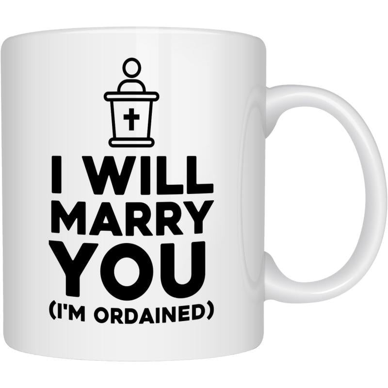 Tailorly White Ceramic 11 oz Mug - I Will Marry You Im Ordained Minimalist Black Line Art Style Showing A Person At A Pulpit Preacher