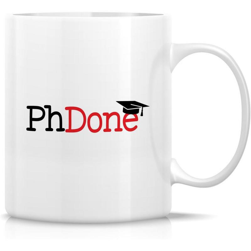Tailorly White Ceramic 11 oz Mug - PhDone Academic Mortarboard Resting Atop Bold Minimalist Red And Black Typography Mug