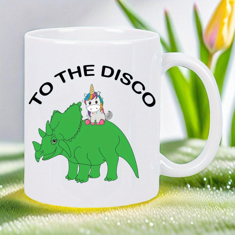 Tailorly White Ceramic 11 oz Mug - To The Disco Cute Green Cartoon Triceratops Carrying A Small Colorful Rainbow Unicorn On Back Dinosaur