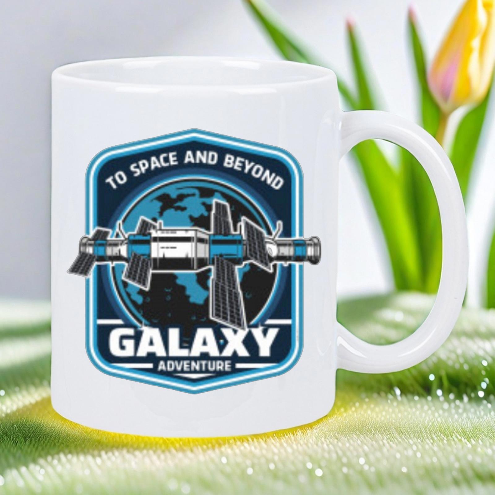 Tailorly White Ceramic 11 oz Mug - To Space And Beyond Galaxy Adventure Orbits Of Tech Satellite Over Blue Planet Within Badge Frame Space Station