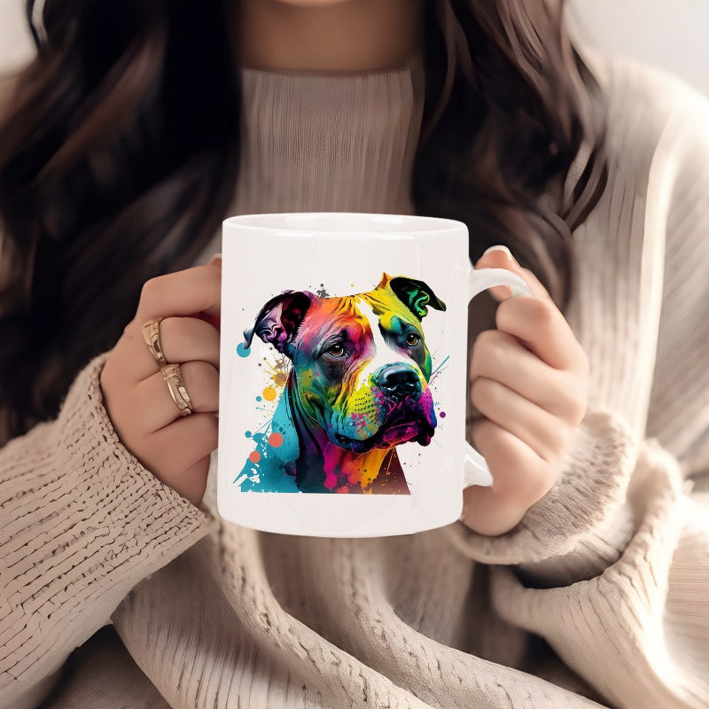 Tailorly White Ceramic 11 oz Mug - Vibrant Rainbow Watercolor Style Artistic Splashes Featuring A Pitbull
