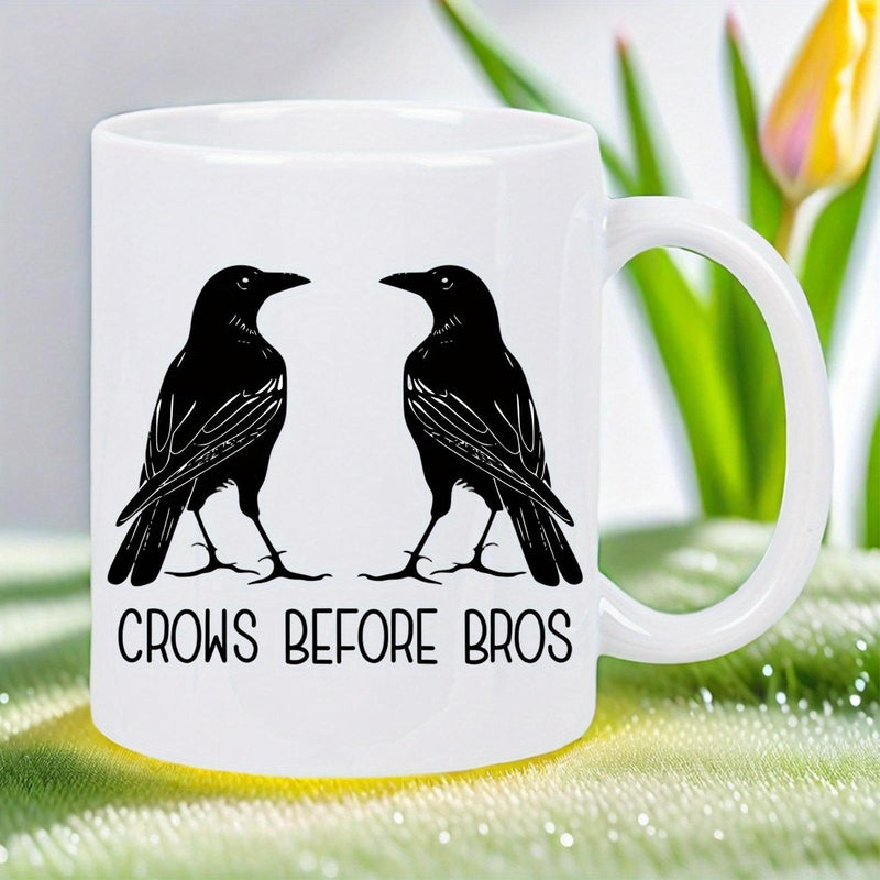 Tailorly White Ceramic 11 oz Mug - Crows Before Bros Two Black Symmetrical Crows Standing Face To Face In Minimalist Style Crow