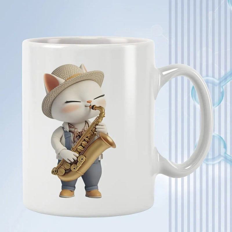 Tailorly White Ceramic 11 oz Mug - Charming Little White Cat Wearing Fedora Playing Golden Saxophone With Overalls Cat
