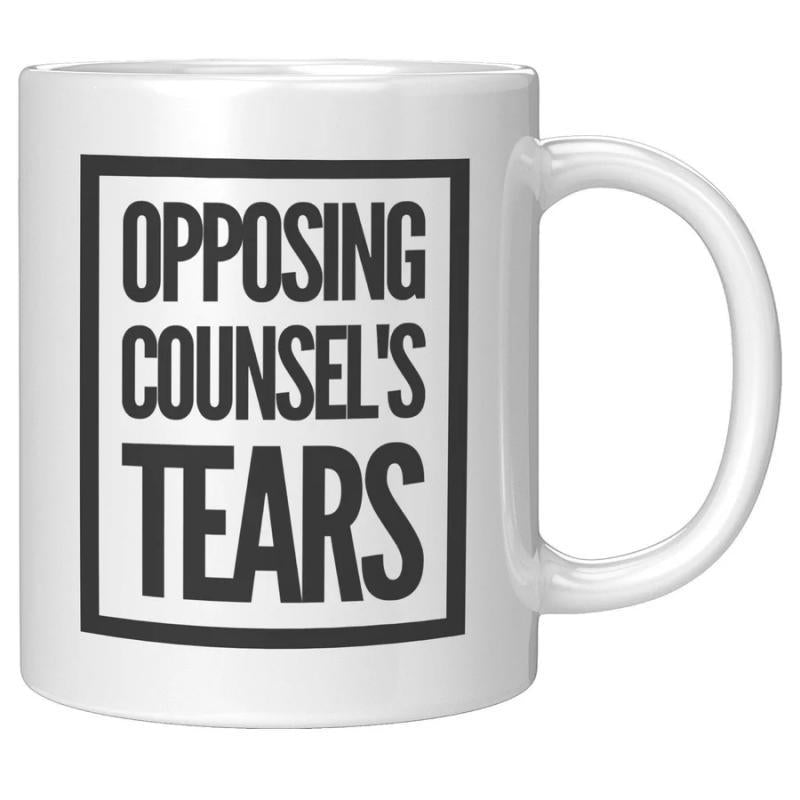 Tailorly White Ceramic 11 oz Mug - Opposing Counsel's Tears Simple Black Rectangular Frame With Bold Condensed Typography On White Surface Mug