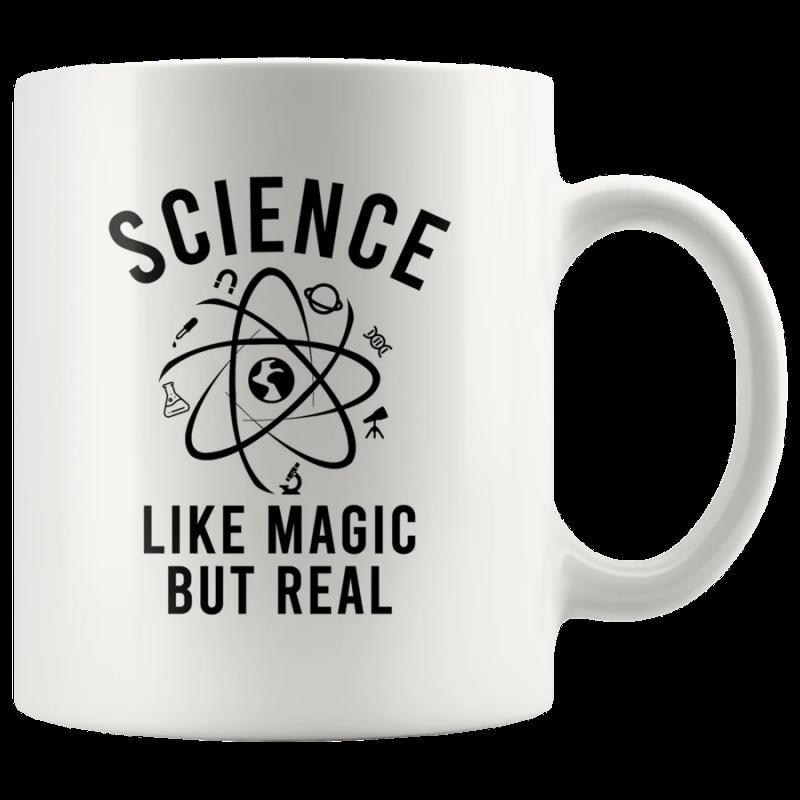 Tailorly White Ceramic 11 oz Mug - Science Like Magic But Real Minimalist Line Art Featuring Atomic Orbits With Various Scientific Symbols Atom