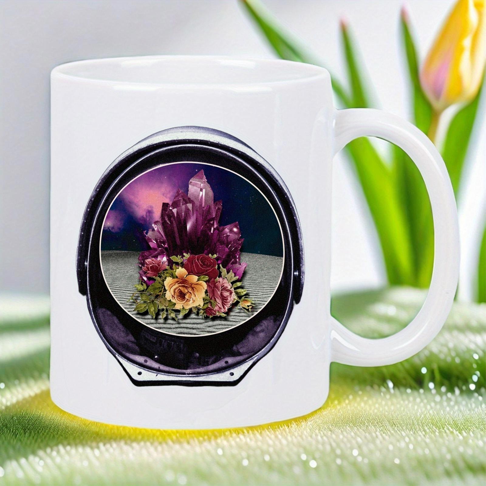 Tailorly White Ceramic 11 oz Mug - Astronaut Helmet Visor Reflecting Blooming Flowers Among Radiant Purple Crystals Helmet