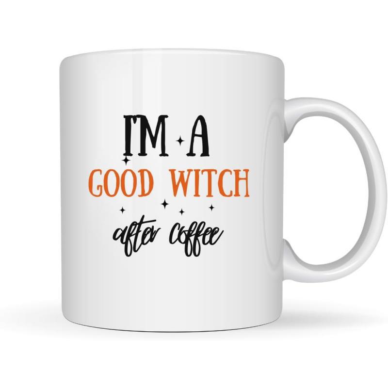 Tailorly White Ceramic 11 oz Mug - Im A Good Witch After Coffee Decorative Tiny Stars Sprinkled Around Bold Magic Themed Orange And Black Text Witch