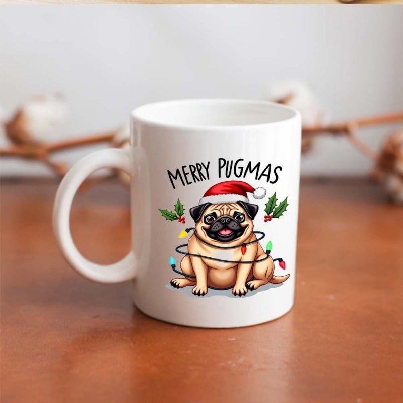 Tailorly White Ceramic 11 oz Mug - Merry Pugmas Festive Dog Wearing Santa Hat Wrapped In Colorful Christmas Lights Pug