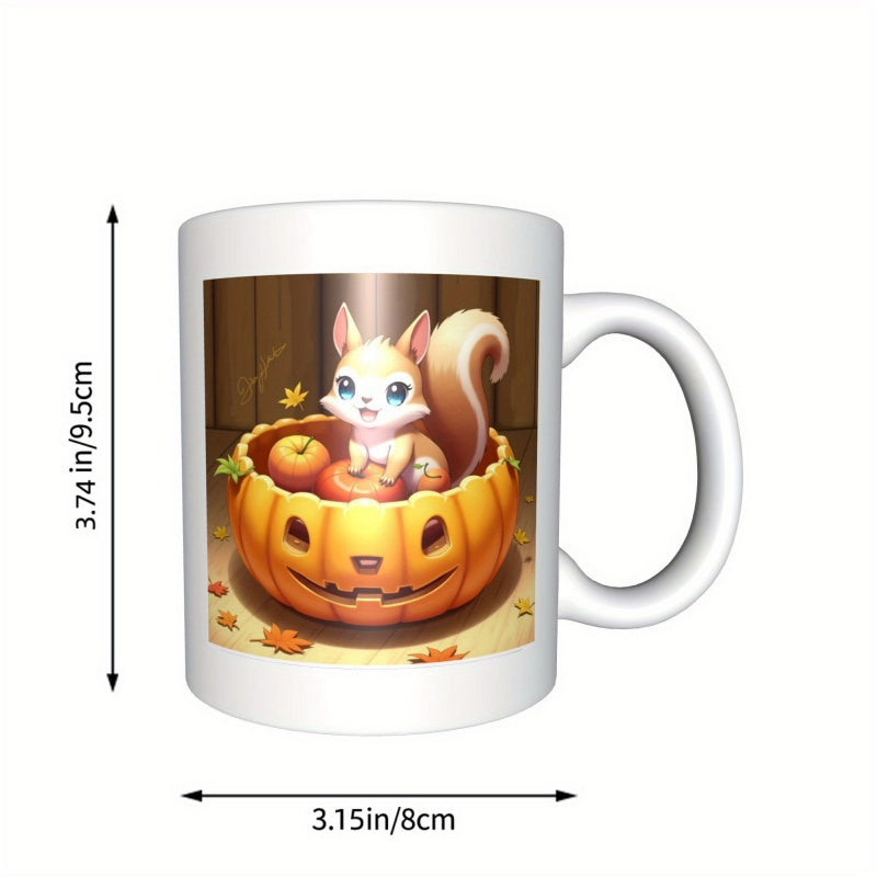 Tailorly White Ceramic 11 oz Mug - Cute Cartoon Character Sitting In A Carved Halloween Pumpkin Among Apples Squirrel
