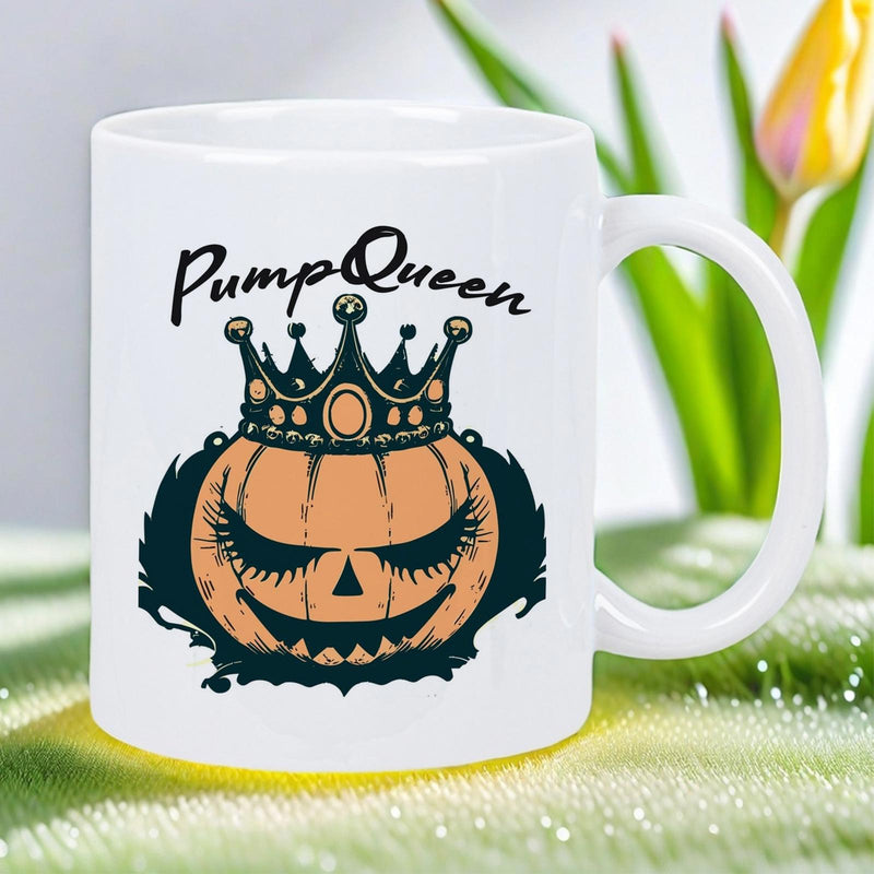 Tailorly White Ceramic 11 oz Mug - Pump Queen Smiling Orange Pumpkin Wearing A Royal Jeweled Crown With Long Eyelashes Pumpkin