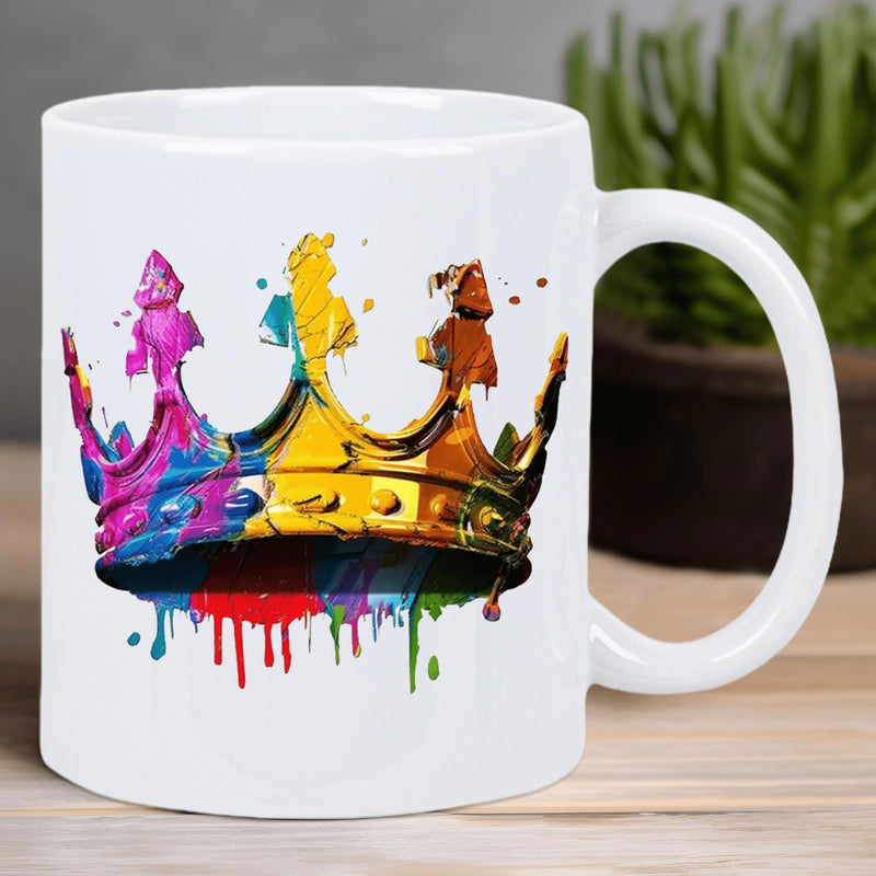 Tailorly White Ceramic 11 oz Mug - Vibrant Colorful Paint Splatter Drips On A Regal Majestic Crown