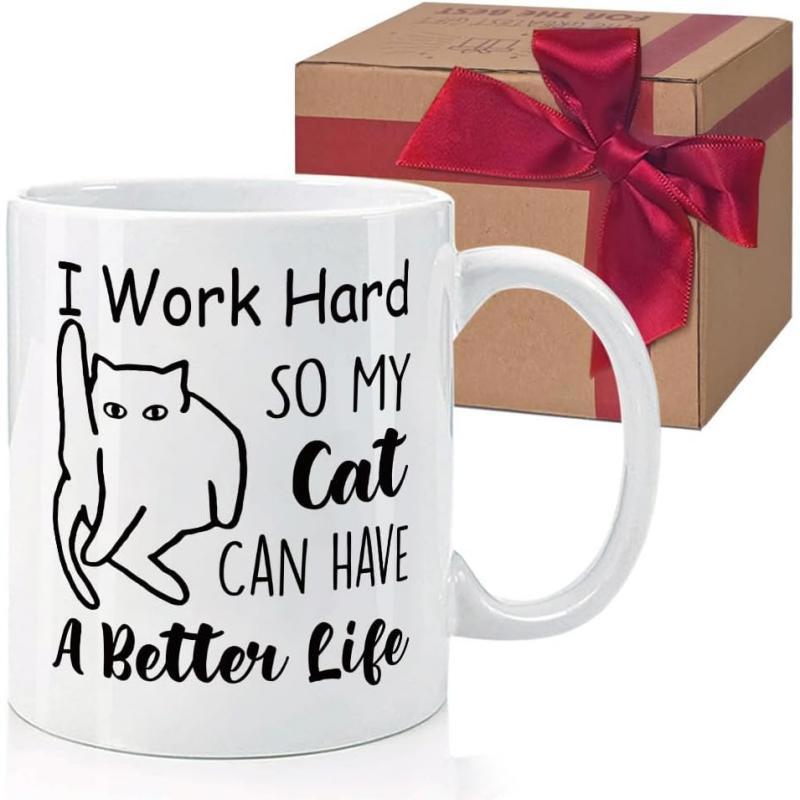 Tailorly White Ceramic 11 oz Mug - I Work Hard So My Cat Can Have A Better Life Minimalist Black Line Drawing Of A Funny Flexible Sitting Cat
