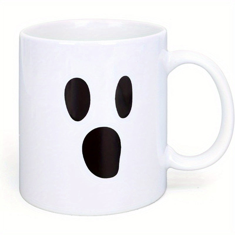 Tailorly White Ceramic 11 oz Mug - Minimalist Black Eerie Spooky Expressions Floating On Clean Polished Ceramic Surface Ghost