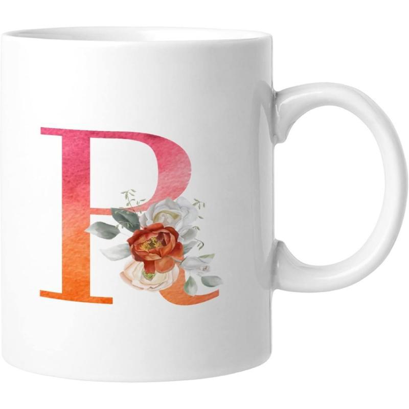Tailorly White Ceramic 11 oz Mug - R Vibrant Gradient Letter With Elegant Watercolor Floral Bouquet Accents Mug