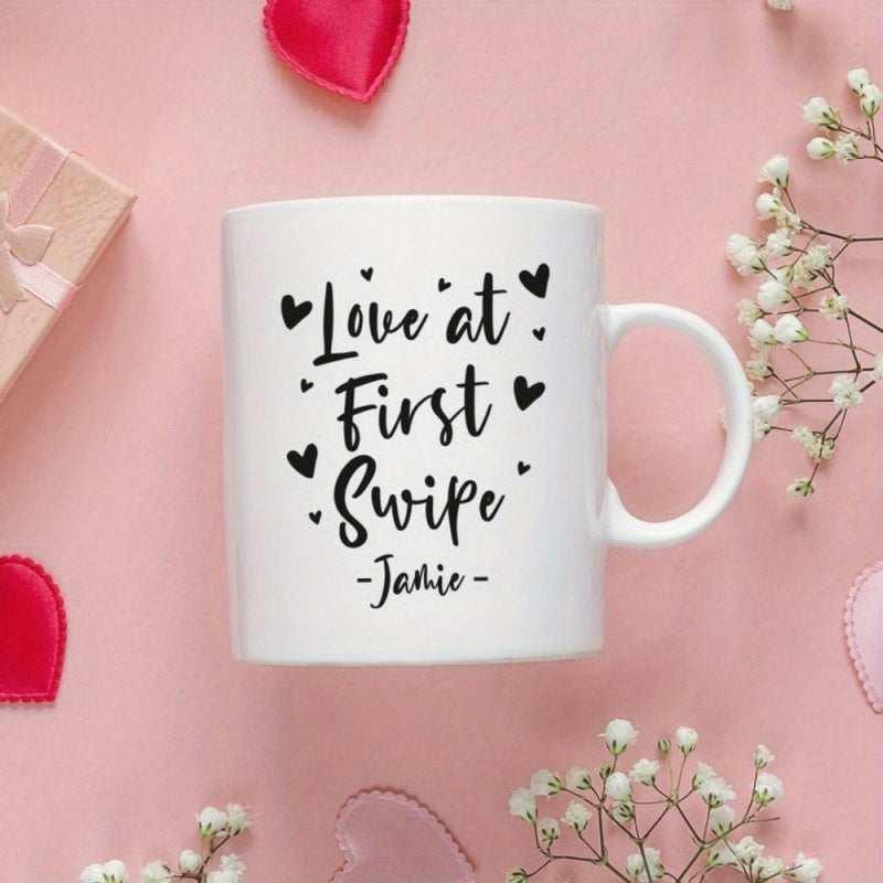 Tailorly White Ceramic 11 oz Mug - Love At First Swipe Jamie Small Elegant Floating Hearts Surrounding Romantic Script With Clean Minimalist Aesthetic Heart