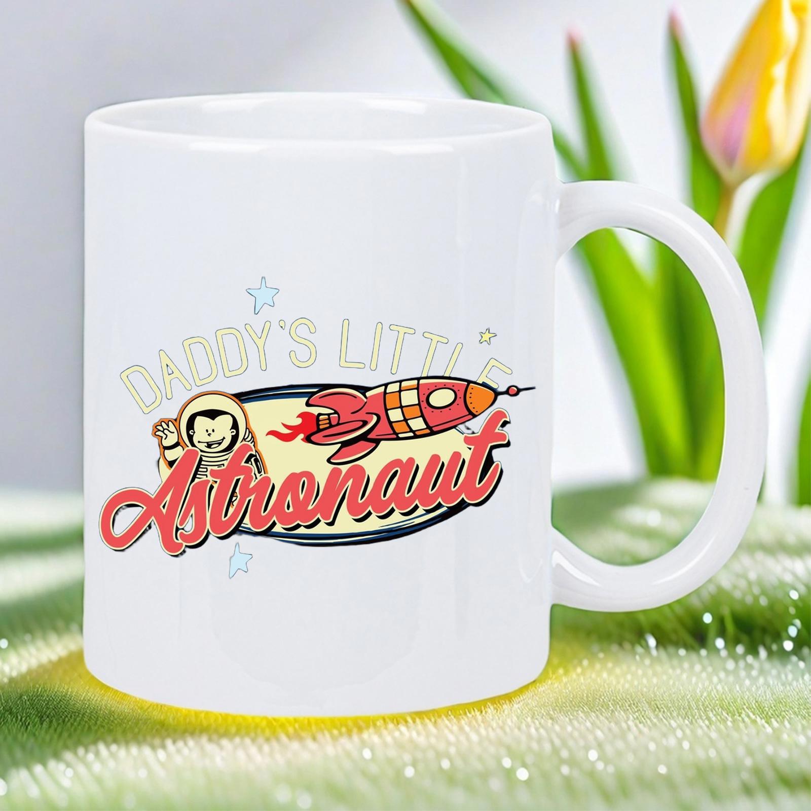 Tailorly White Ceramic 11 oz Mug - Daddys Little Astronaut Flying Red Rocket Ship Amidst Blue Twinkling Stars Astronaut