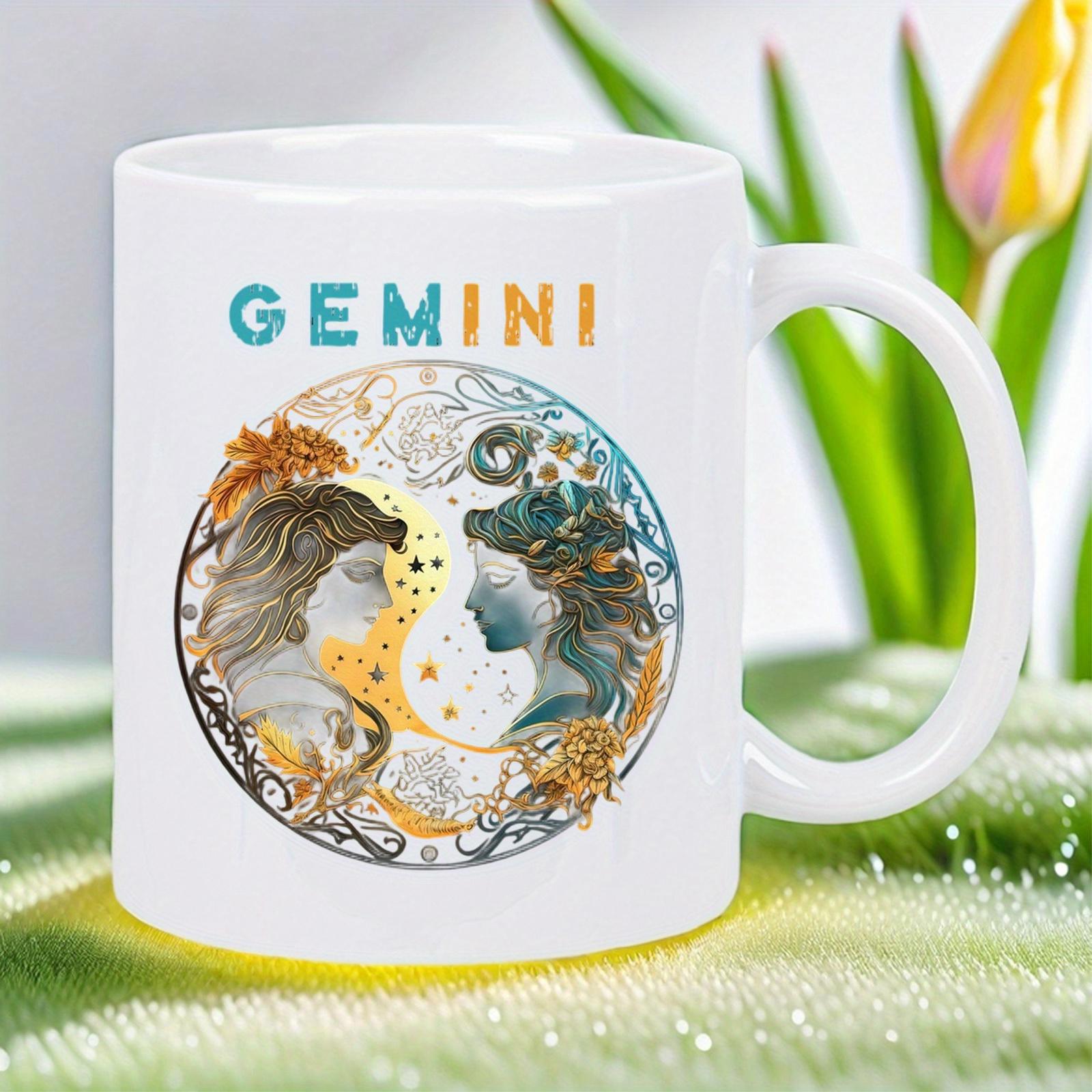 Tailorly White Ceramic 11 oz Mug - Gemini Artistic Celestial Circle With Two Detailed Female Profiles Facing Each Other Twins