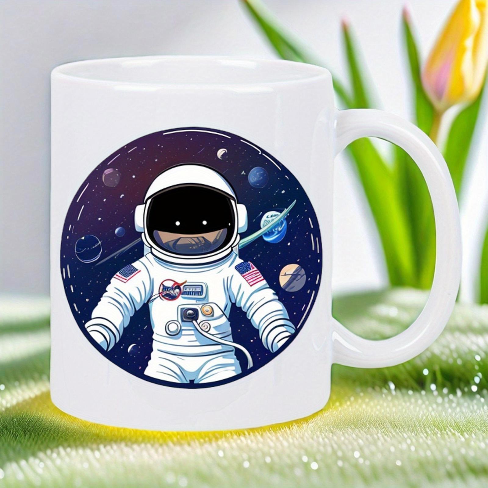 Tailorly White Ceramic 11 oz Mug - Cute Cartoon Figure Floating In Vast Starry Galaxy Among Colorful Planets Astronaut