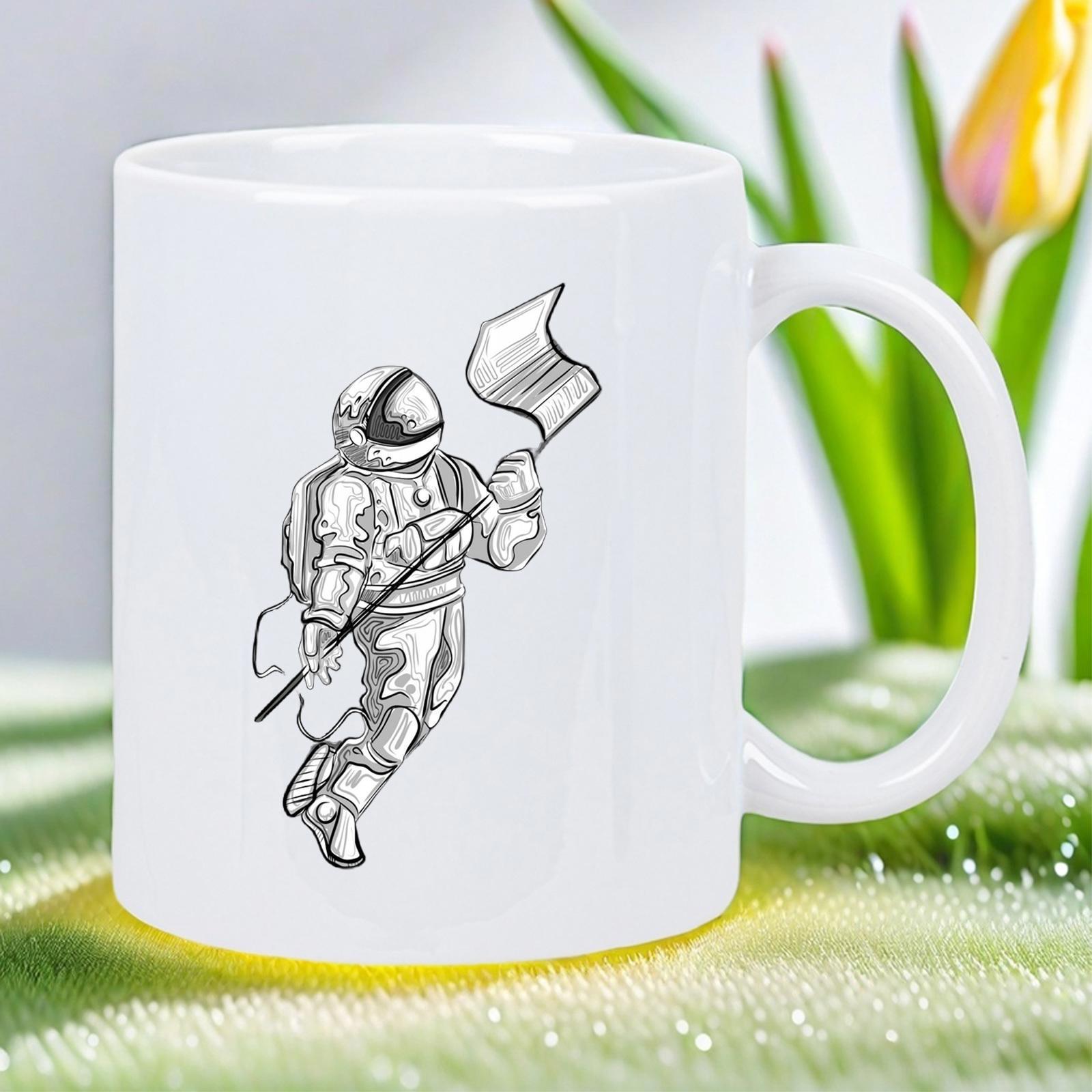 Tailorly White Ceramic 11 oz Mug - Sketchy Line Art Floating In Outer Space Holding Wavy Flag Astronaut