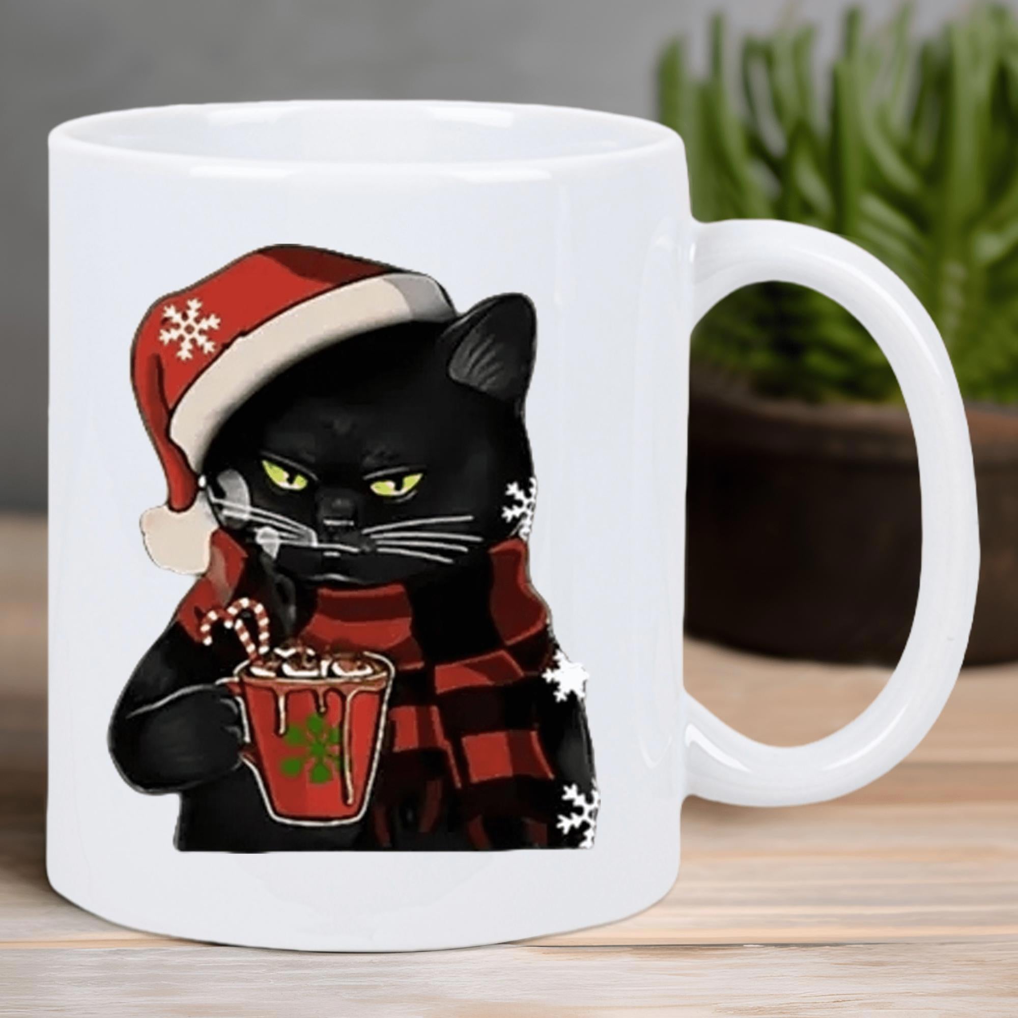 Tailorly White Ceramic 11 oz Mug - Festive Grumpy Black Feline Wearing Red Santa Hat And Plaid Scarf Holding Cocoa Cat