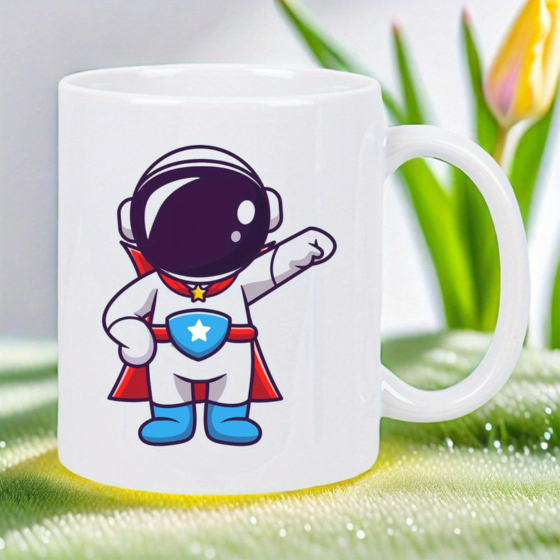 Tailorly White Ceramic 11 oz Mug - Cute Cartoon Hero Standing Proudly In White Suit With Red Cape Astronaut