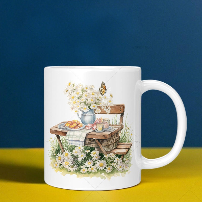 Tailorly White Ceramic 11 oz Mug - Rustic Wooden Picnic Table With Blooming White Daisies And Butterfly Scene