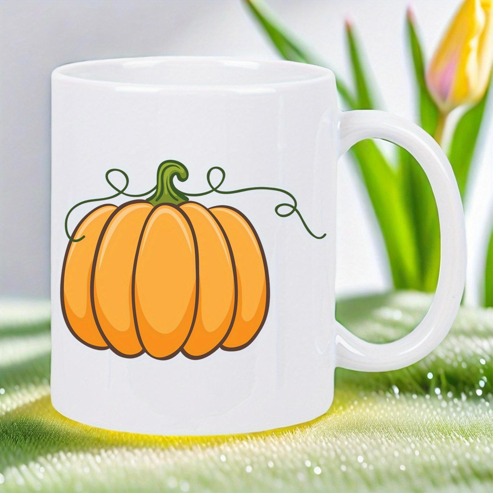 Tailorly White Ceramic 11 oz Mug - Vibrant Orange Autumn Harvest Vegetable Featuring Delicate Green Twirling Vine Pumpkin