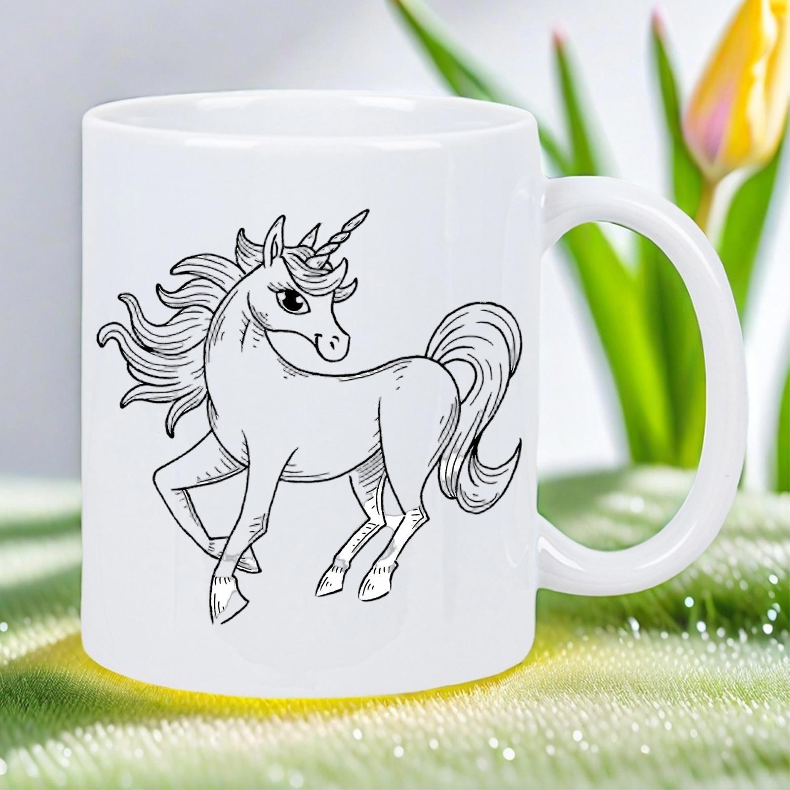 Tailorly White Ceramic 11 oz Mug - Majestic Mythical Creature With Flowing Mane And Spiraled Horn Standing Unicorn
