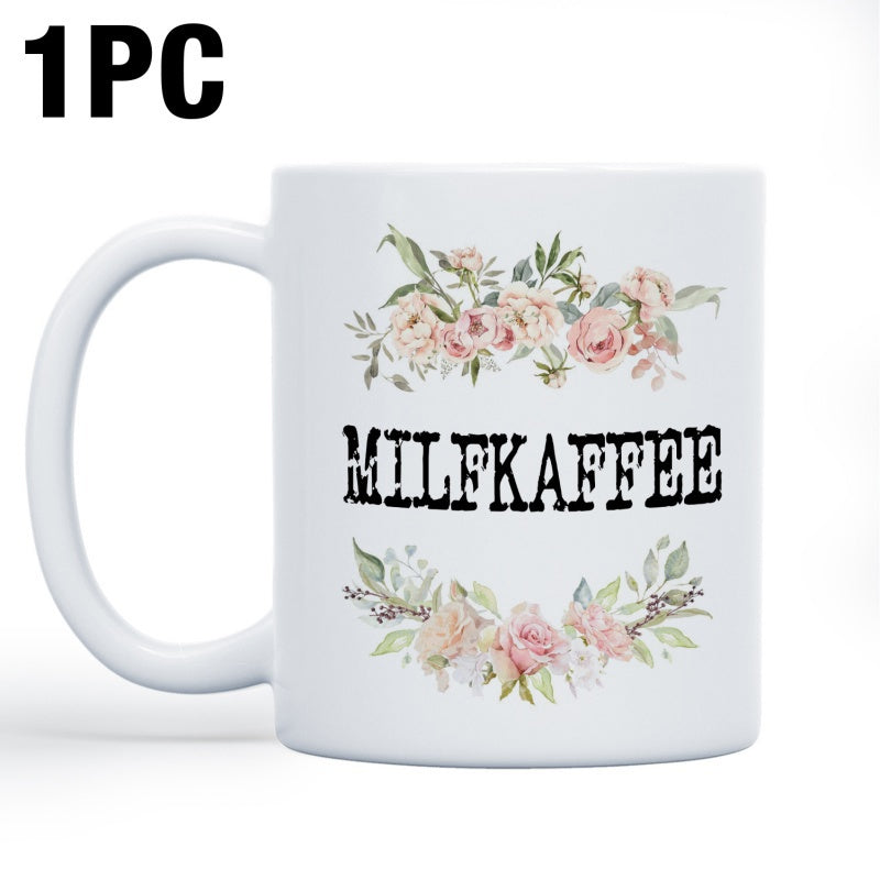 Tailorly White Ceramic 11 oz Mug - Milfkaffee Watercolor Blooming Roses And Delicate Green Leaves Surrounding Centered Typography Mug