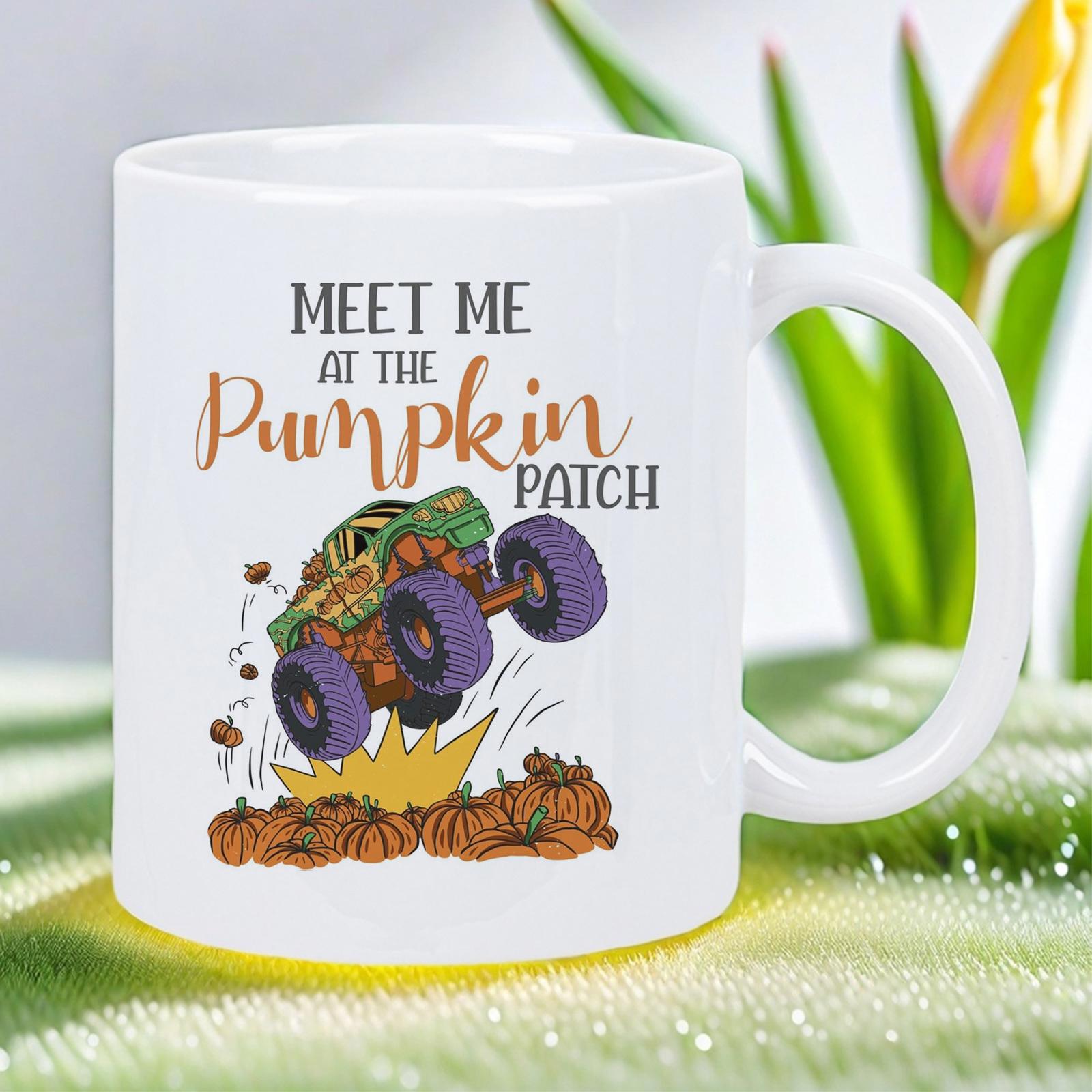 Tailorly White Ceramic 11 oz Mug - Meet Me At The Pumpkin Patch Orange Monster Truck With Large Purple Wheels Jumping Over Autumn Pumpkins Truck