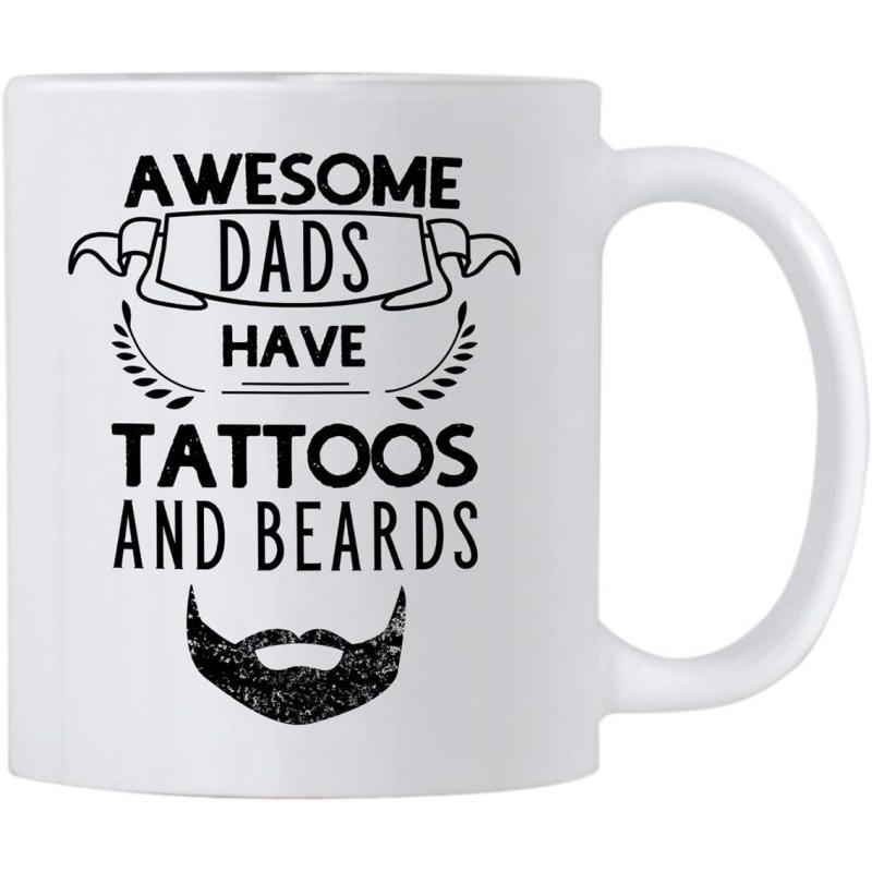 Tailorly White Ceramic 11 oz Mug - Awesome Dads Have Tattoos And Beards Black Textured Silhouette Featuring Masculine Style And Elegant Banner Flourish Beard
