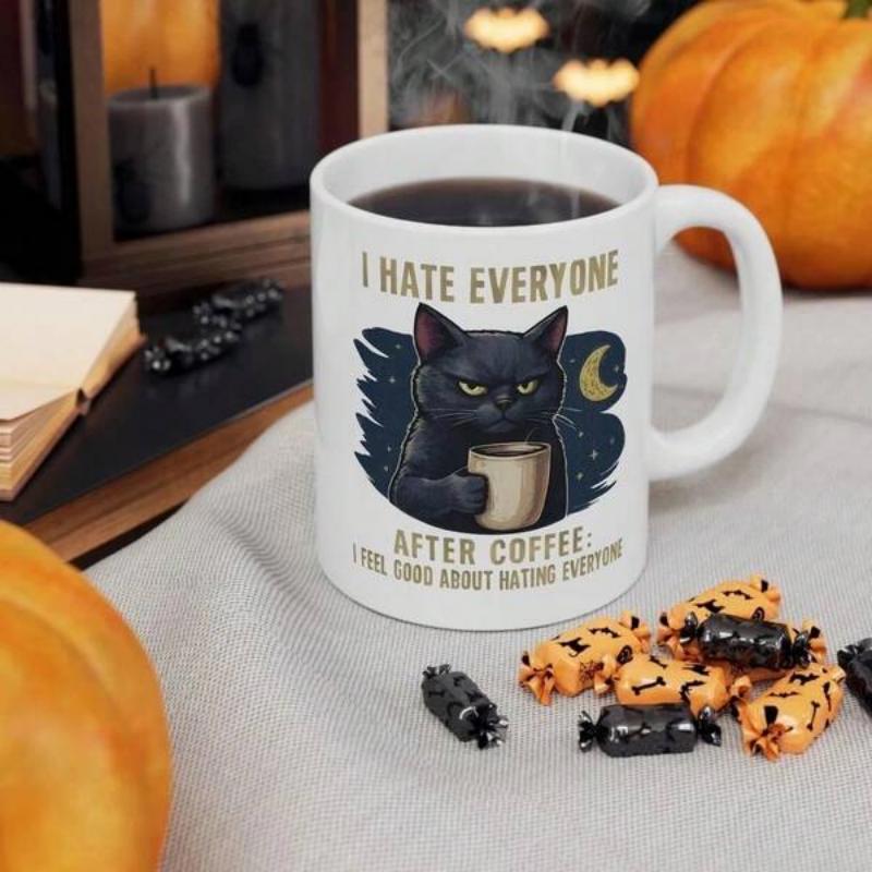 Tailorly White Ceramic 11 oz Mug - I Hate Everyone After Coffee I Feel Good About Hating Everyone Grumpy Black Cat Holding Small Mug Under Night Moon And Stars Cat