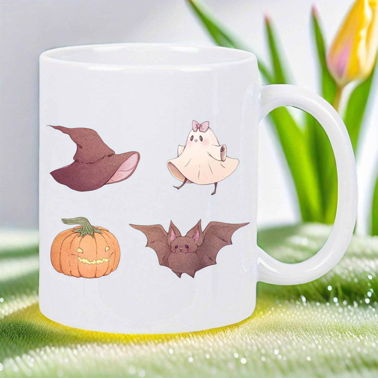 Tailorly White Ceramic 11 oz Mug - Adorable Spooky Halloween Characters With Witch Hat Ghost Pumpkin And Bat