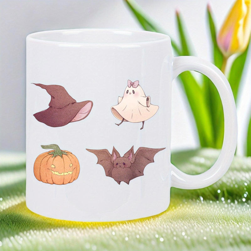 Tailorly White Ceramic 11 oz Mug - Adorable Spooky Halloween Characters With Witch Hat Ghost Pumpkin And Bat