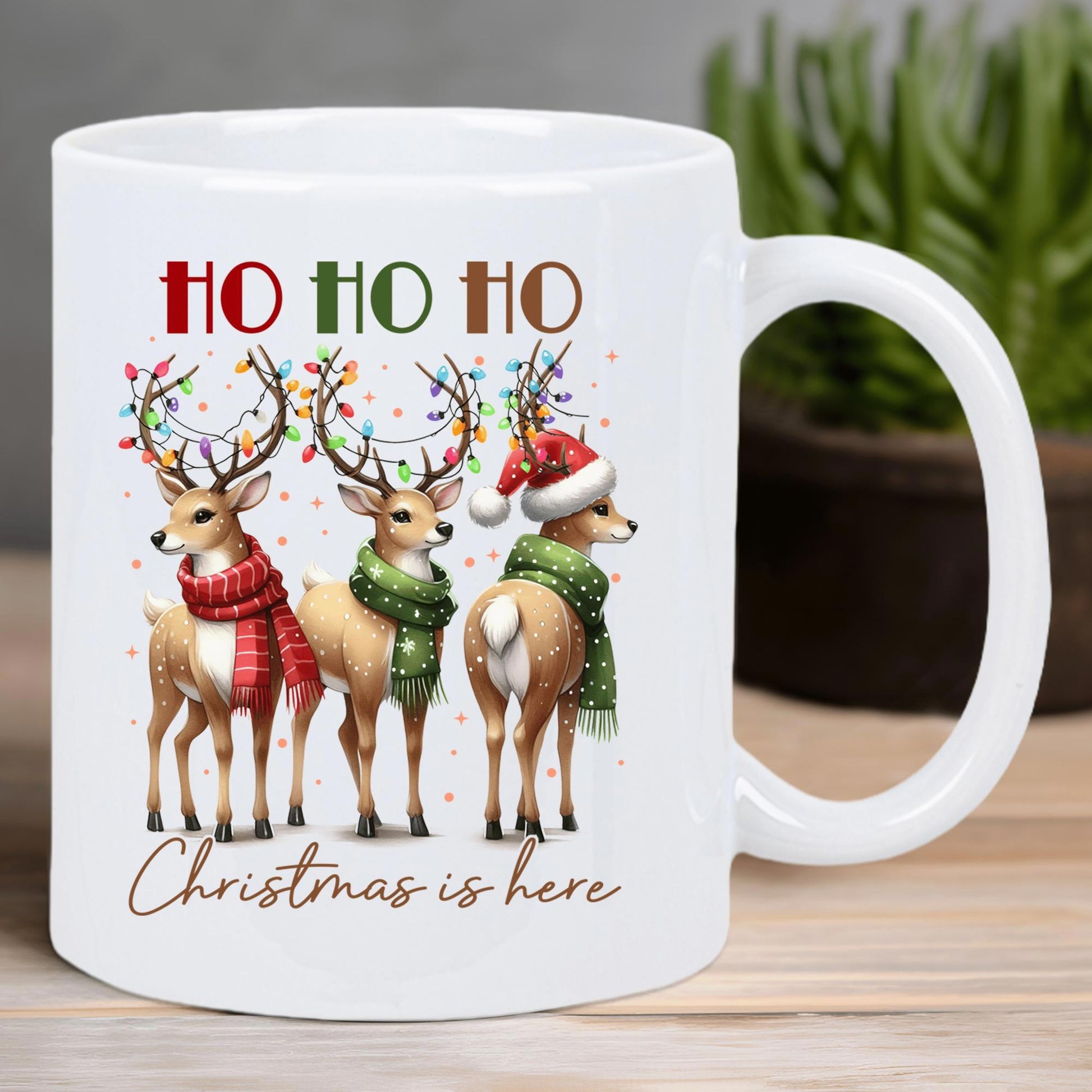 Tailorly White Ceramic 11 oz Mug - Ho Ho Ho Christmas Is Here Three Festive Small Deer Wearing Colorful Scarves And Hats Under Glowing Lights Reindeer