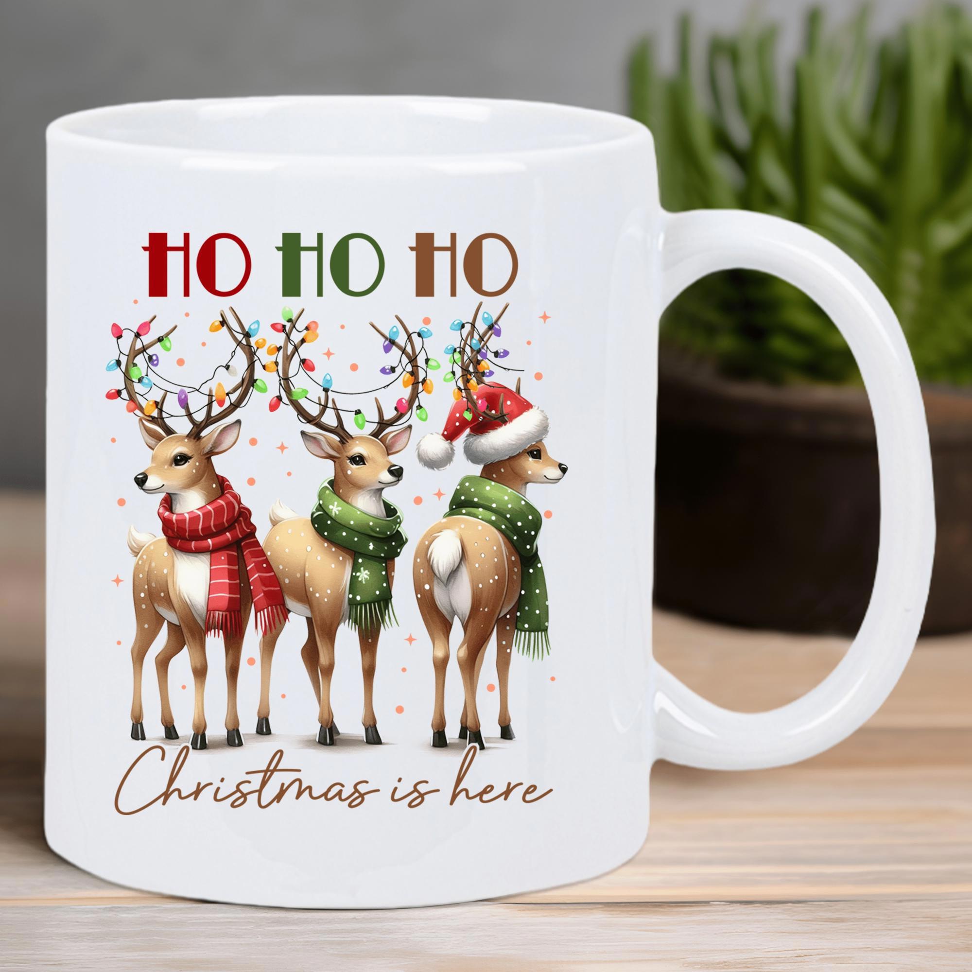 Tailorly White Ceramic 11 oz Mug - Ho Ho Ho Christmas Is Here Three Festive Small Deer Wearing Colorful Scarves And Hats Under Glowing Lights Reindeer