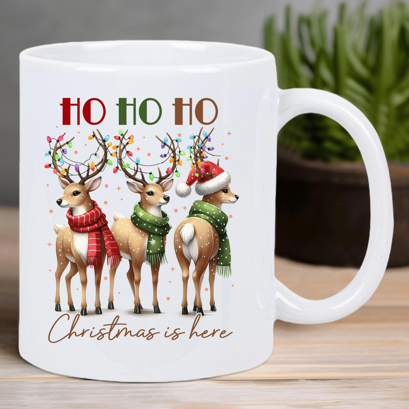Tailorly White Ceramic 11 oz Mug - Ho Ho Ho Christmas Is Here Three Festive Small Deer Wearing Colorful Scarves And Hats Under Glowing Lights Reindeer