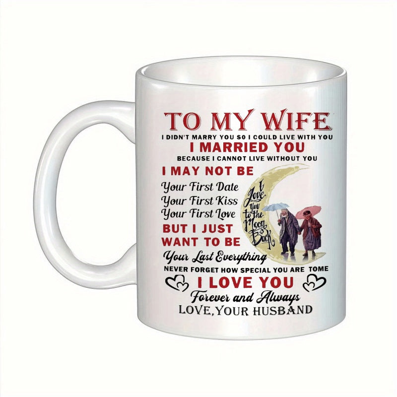 Tailorly White Ceramic 11 oz Mug - To My Wife I Married You I Love You Elderly Loving Couple Walking Under Umbrella Beside A Large Crescent Moon Couple