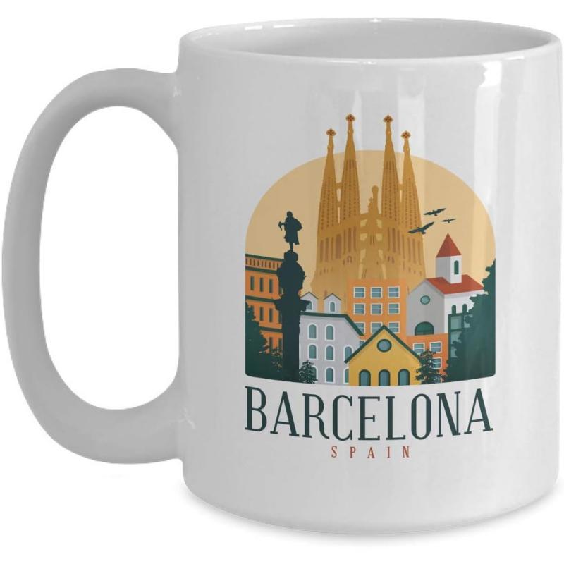 Tailorly White Ceramic 11 oz Mug - Barcelona Spain Artistic Cityscape With Iconic Sagrada Familia Towers And Flying Birds Skyline