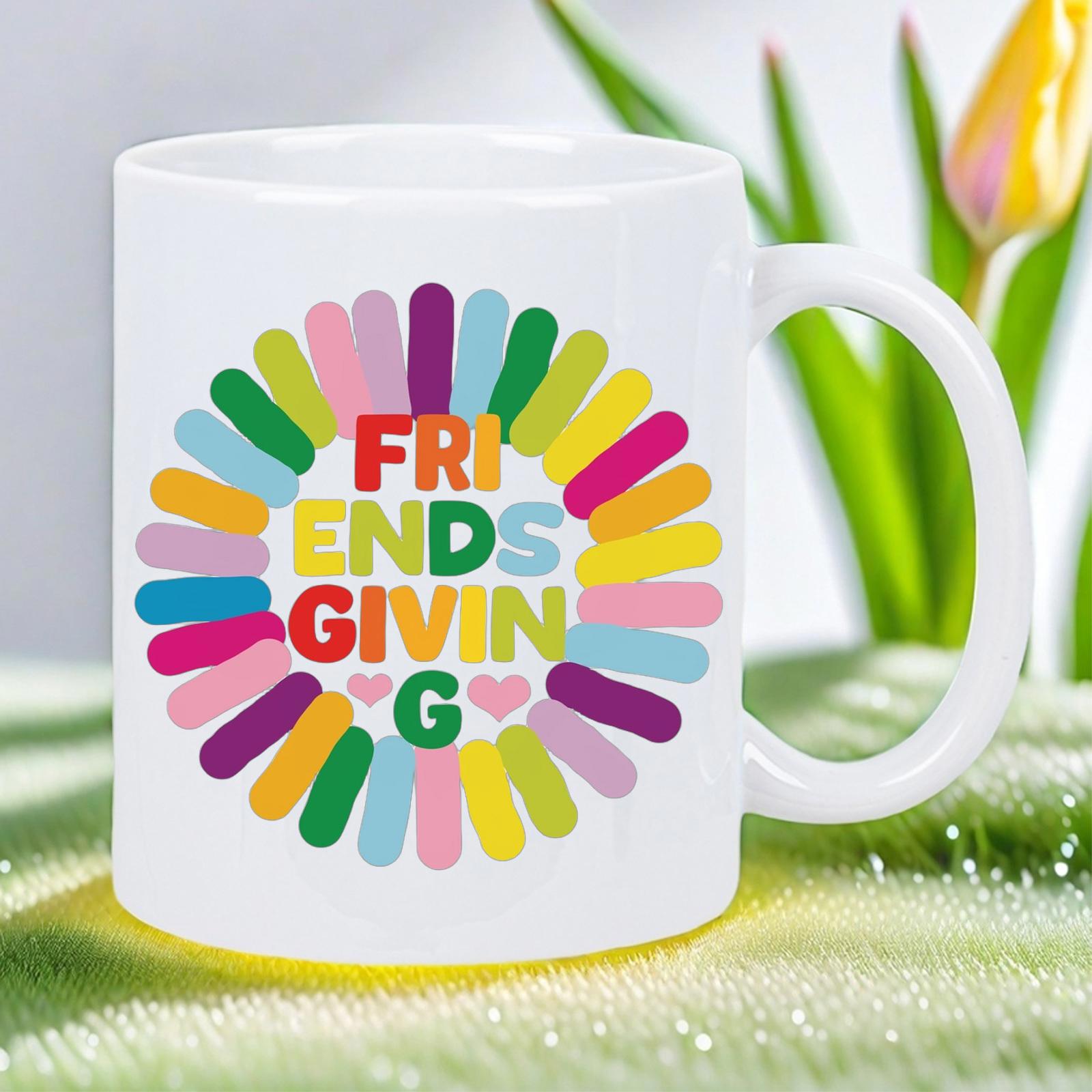Tailorly White Ceramic 11 oz Mug - Friendsgiving Colorful Rounded Strokes Arranged In A Vibrant Circular Sunburst Pattern Sunburst