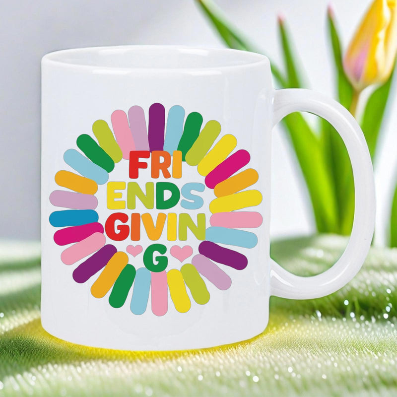 Tailorly White Ceramic 11 oz Mug - Friendsgiving Colorful Rounded Strokes Arranged In A Vibrant Circular Sunburst Pattern Sunburst