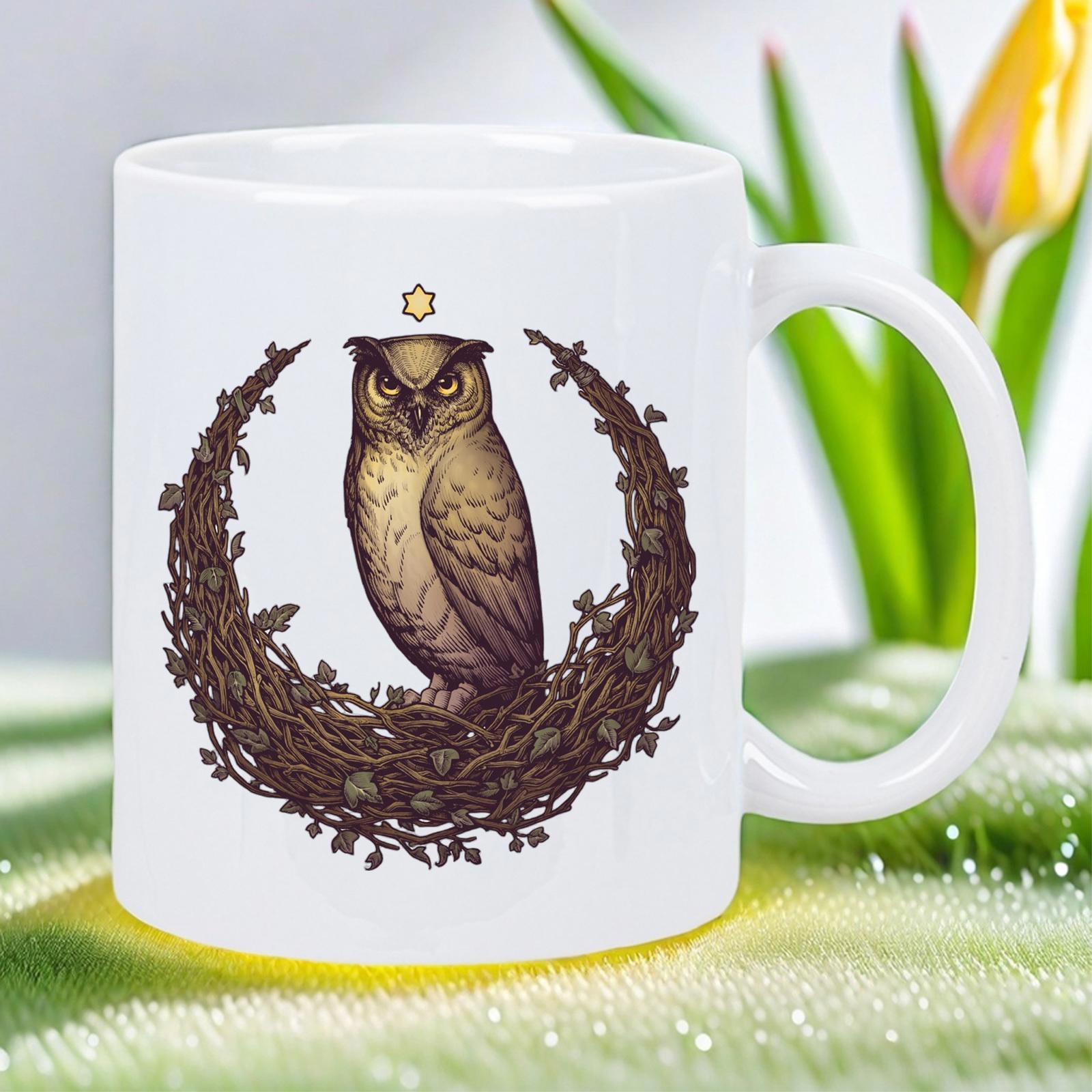 Tailorly White Ceramic 11 oz Mug - Majestic Brown Owl Perched Within A Crescent Nest Of Tangled Thorns Owl