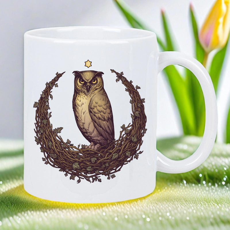 Tailorly White Ceramic 11 oz Mug - Majestic Brown Owl Perched Within A Crescent Nest Of Tangled Thorns Owl