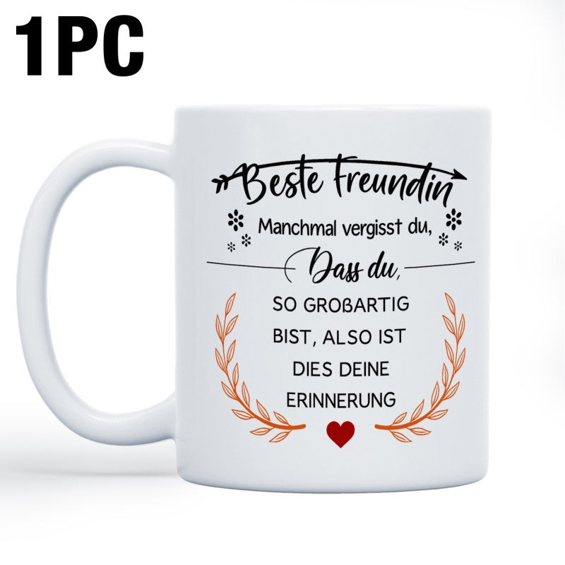 Tailorly White Ceramic 11 oz Mug - Elegant Floral Laurel Wreath With Small Red Heart And Stars Mug
