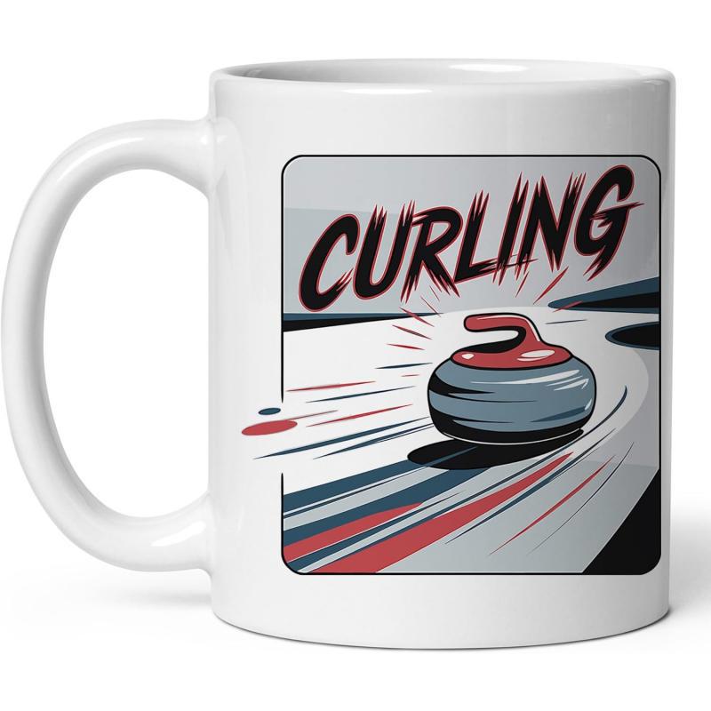 Tailorly White Ceramic 11 oz Mug - Curling Slanted Motion Lines Sliding Across The Smooth Ice Rink Surface Stone