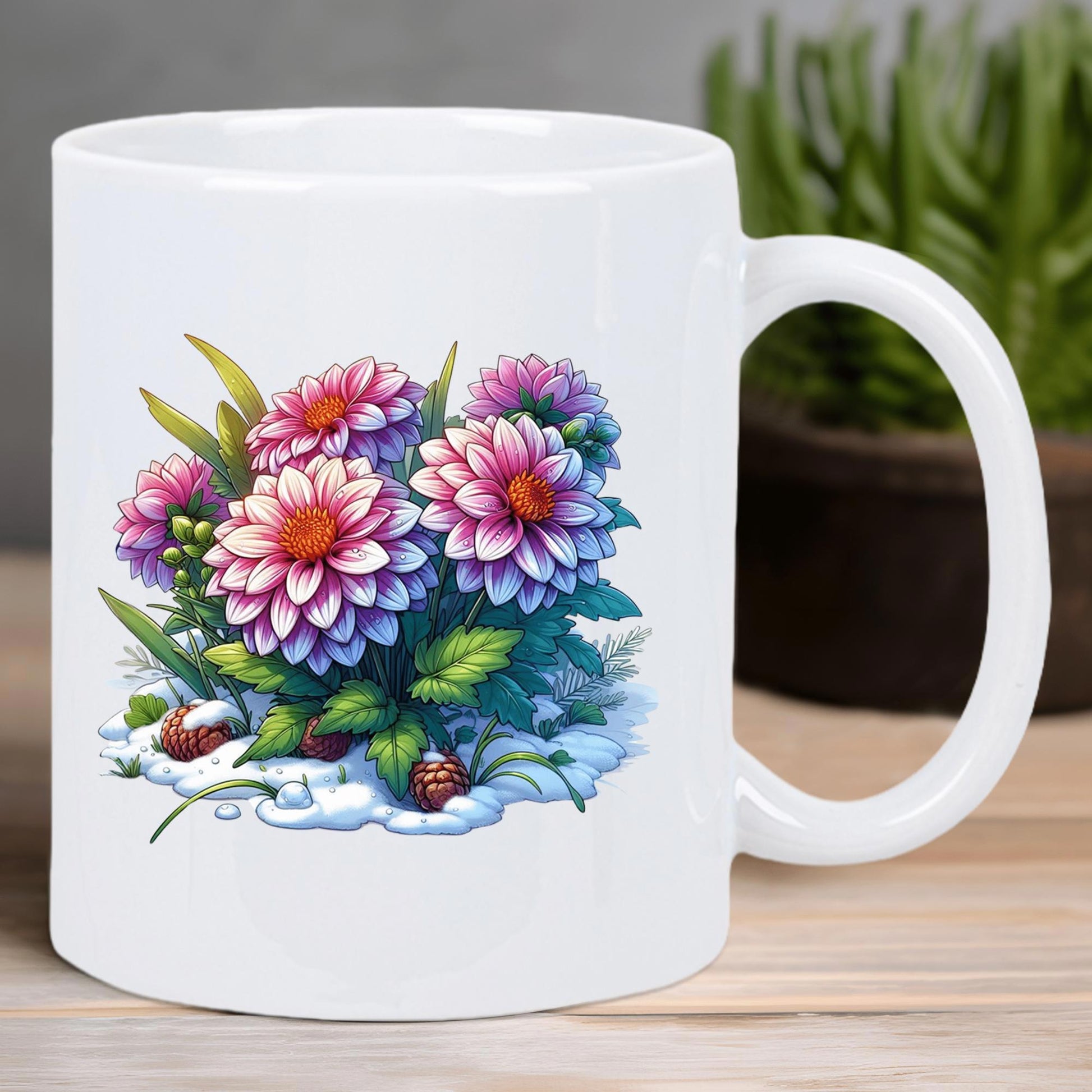 Tailorly White Ceramic 11 oz Mug - Vibrant Colorful Dahlias Blooming From A Snowy Winter Base Among Leaves Flower