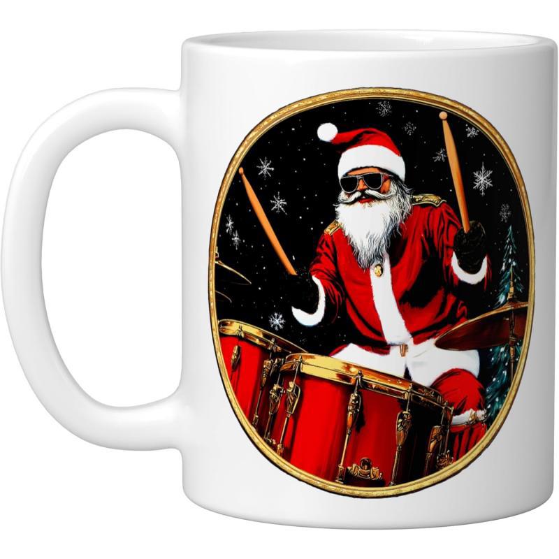 Tailorly White Ceramic 11 oz Mug - Cool Festive Drummer Wearing Dark Sunglasses Playing Red Kit Under Snow Santa