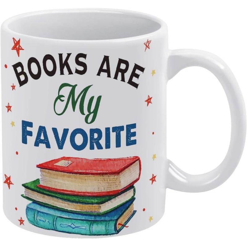 Tailorly White Ceramic 11 oz Mug - Books Are My Favorite Hand Drawn Colorful Stacked Textbooks Under Tiny Red Twinkling Stars Books