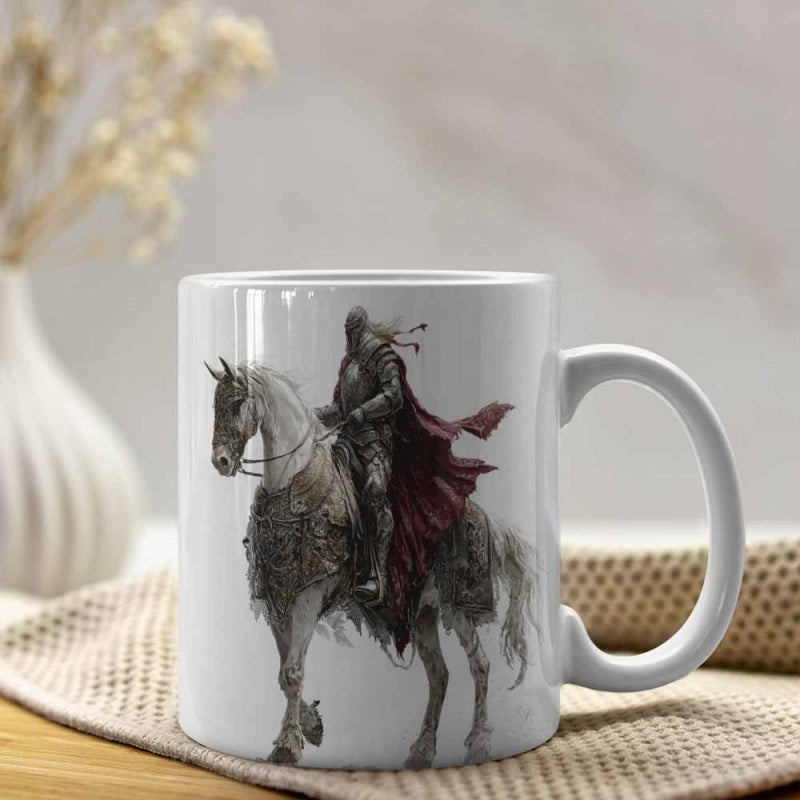 Tailorly White Ceramic 11 oz Mug - Medieval Armored Warrior In Red Cape Riding A Sturdy White War Horse Knight